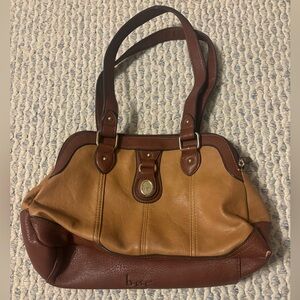 Brown and tan leather purse with gold hardware